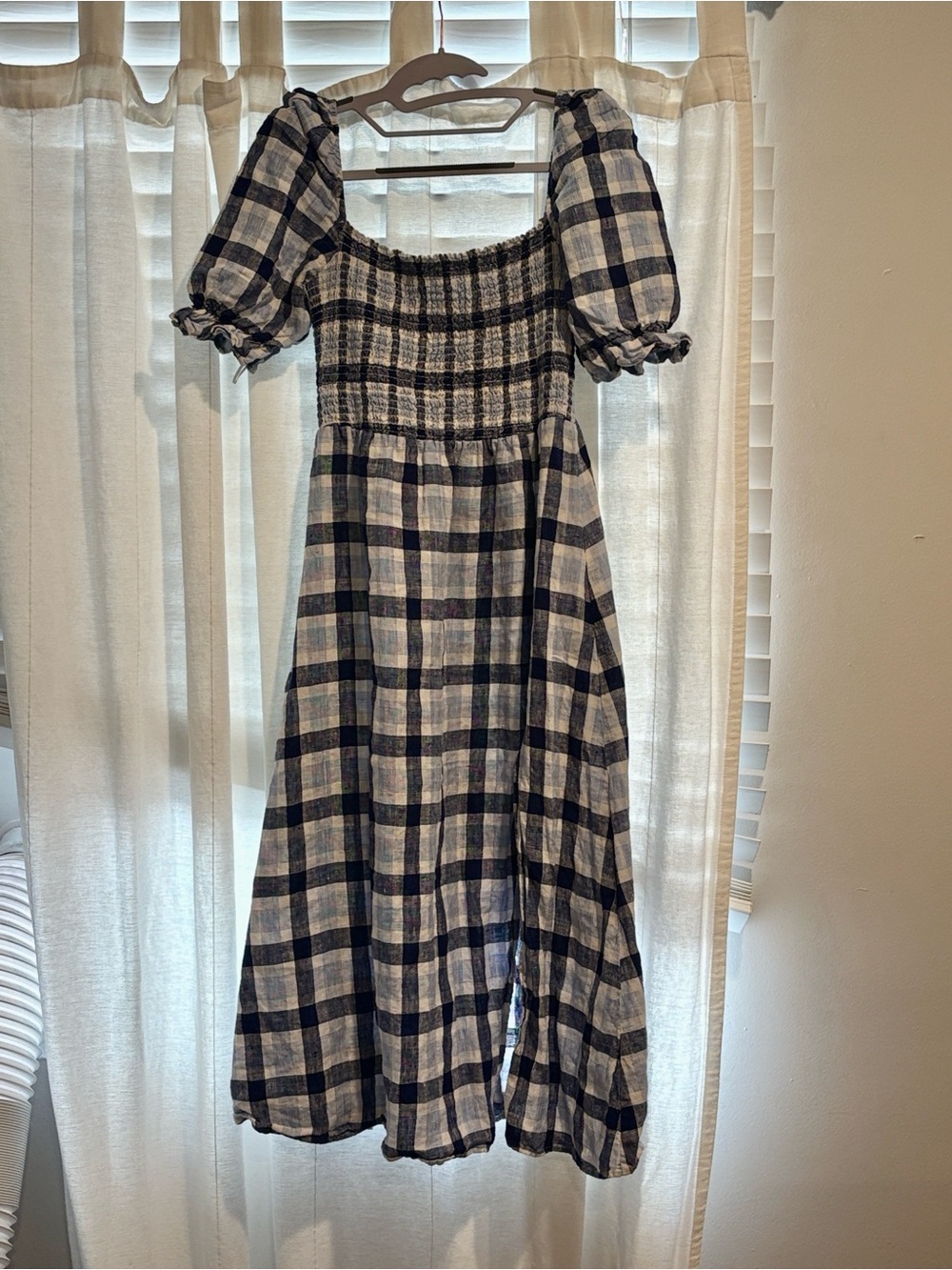 Reformation 100% Linen Midi Dress Marabella Smocked Plaid Quiet Luxury M